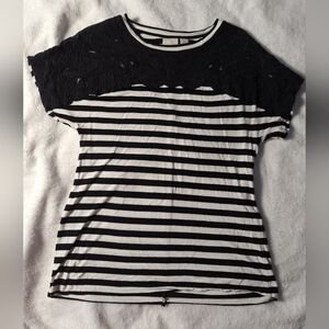 Chico’s Women’s Top - Black White Striped Short Sleeve Lace Overlay Knit Blouse